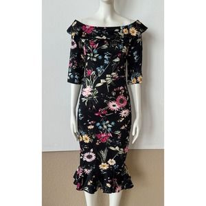 NWT Joe Brown's Women's Dress Black Floral Sz 2 Pencil Off Shoulder Collared